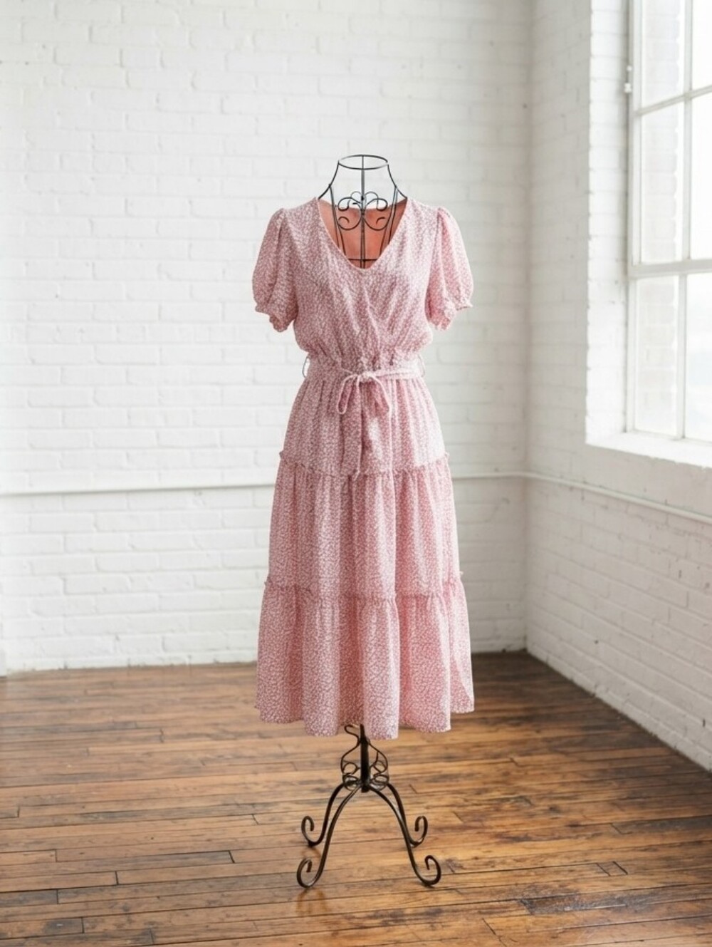 orange creek Blush Pink Tiered Maxi Dress with Tie Waist